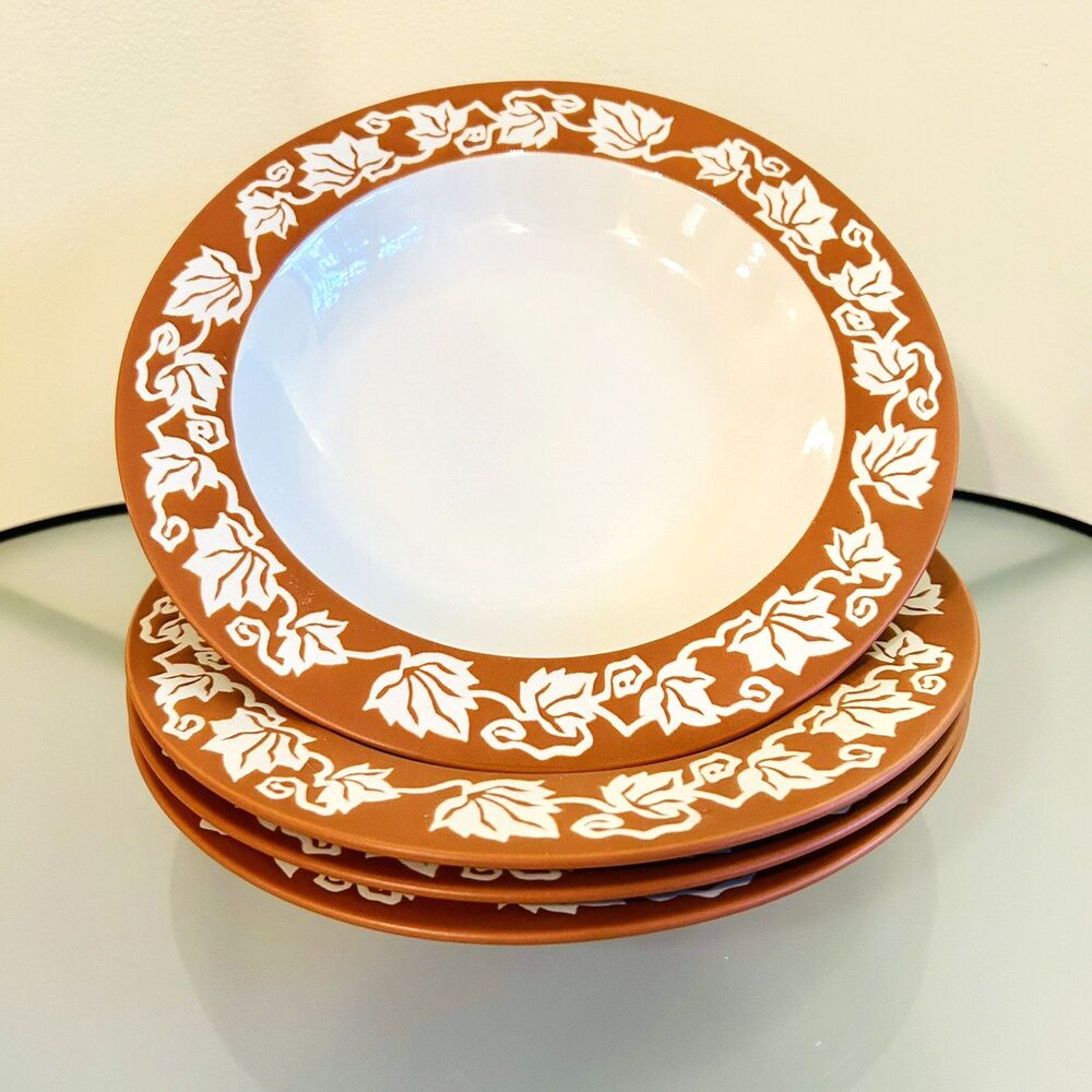 4 DANSK Tuscan Bowl White with Terracotta Rim Grape Leaves Shallow